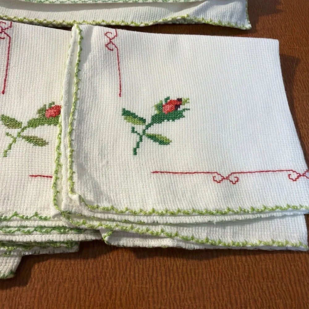 Vintage Set 6 Placemats‎ & Napkins Cross Stitch Pink Rose Handmade Never Used